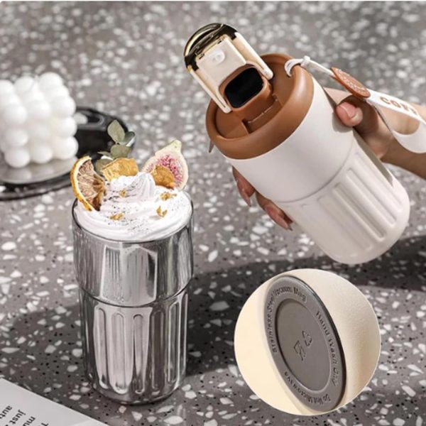Smart Coffee Thermos with Temperature Display | 450ml Portable Stainless Steel Hot & Cold Mug with Lanyard (Random Color)