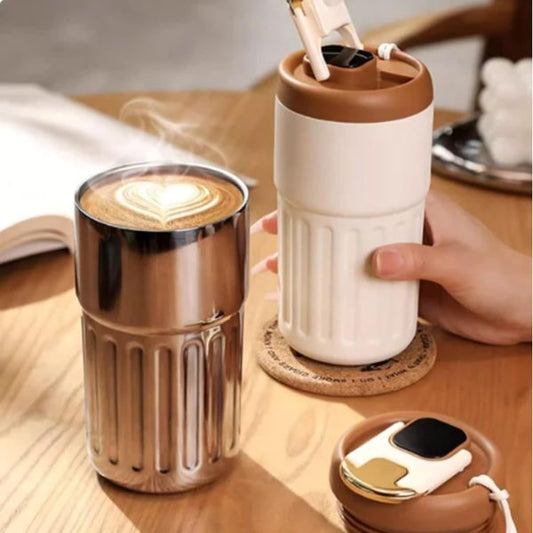 Smart Coffee Thermos with Temperature Display | 450ml Portable Stainless Steel Hot & Cold Mug with Lanyard (Random Color)