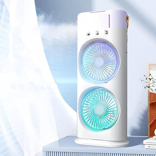 Portable Mini Double Fan Air Cooler With Mist Humidifier And Led Lighting, Mini Table Cooling Fan For Home & Office – Rechargeable ( Random Color )